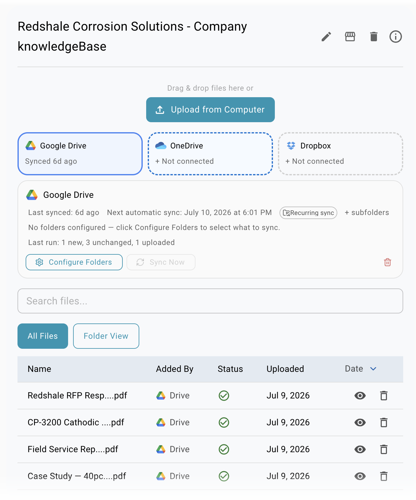 Redshale Corrosion Solutions knowledgeBase with synced files