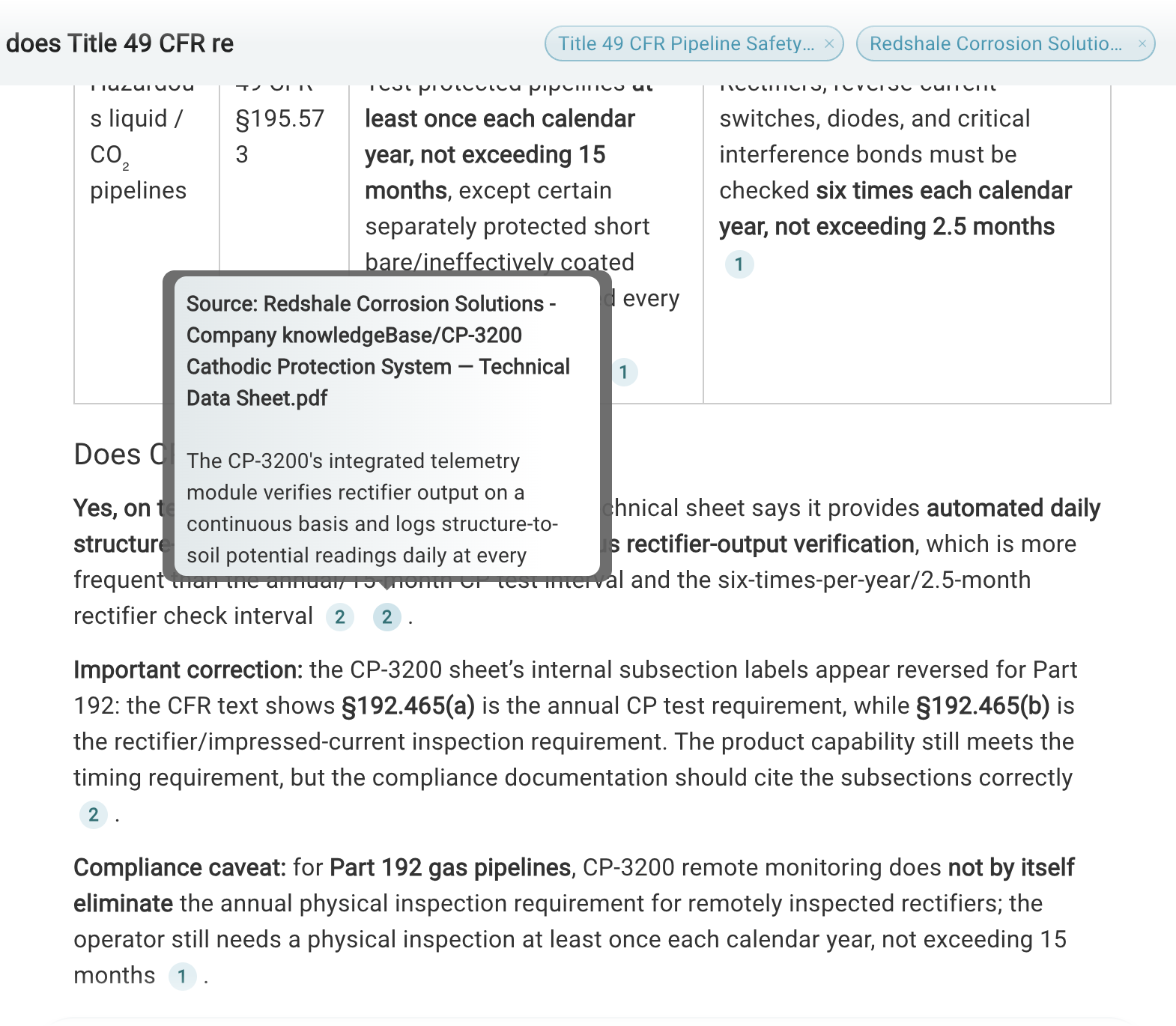 Chat answer with a source citation and popover